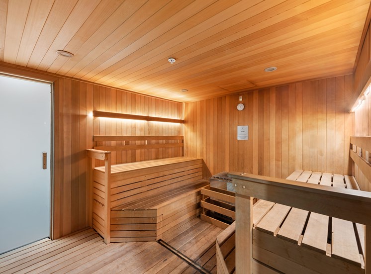 A wooden sauna room with benches and a door.